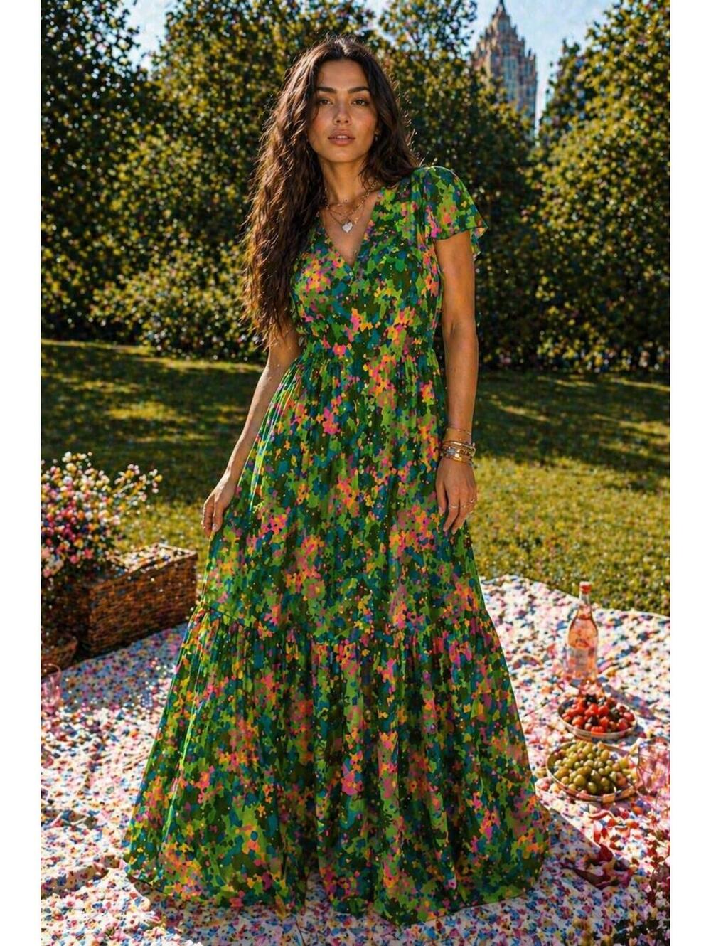 Green Floral Midi Dress S 70s Inspired Waist Cinch Summer